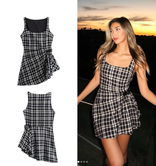 Black & White Checked Elegant Tweed Mini Dress